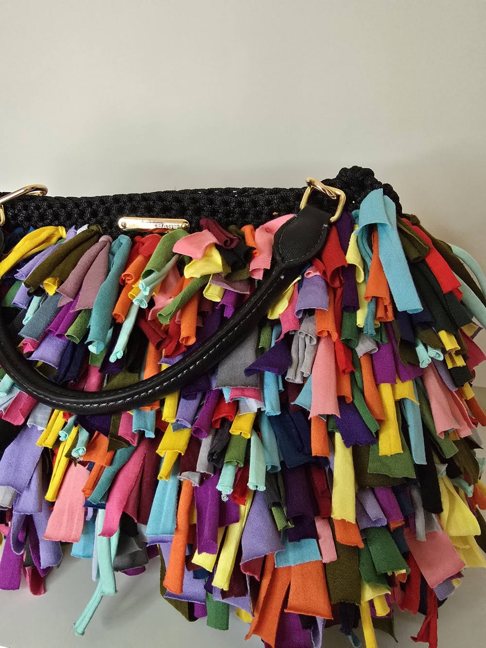 Hand Crafted Colorful Fringe Crochet Oversize Bag with Black Leather Handle - Picture 5 of 8